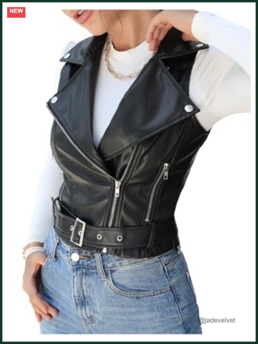 Faux Leather Zip Up Vest Lapel Sleeveless Belted Motorcycle Jacket